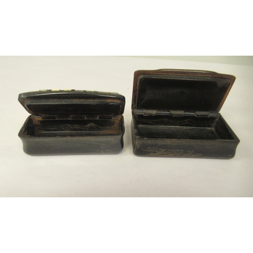 21 - Two similar late 19thC carved bone snuff boxes, one with inlaid, bi-coloured metal and mother-of-pea... 