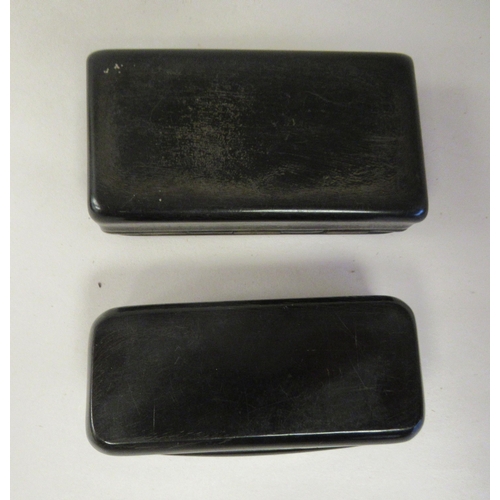 21 - Two similar late 19thC carved bone snuff boxes, one with inlaid, bi-coloured metal and mother-of-pea... 