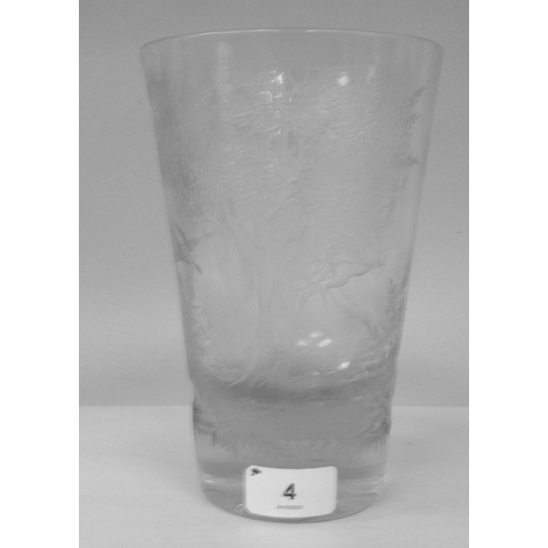 4 - A 19thC Continental glass vase of tapered cylindrical form, engraved with a woodland scene and a lea... 