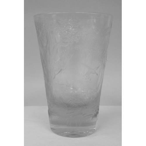 4 - A 19thC Continental glass vase of tapered cylindrical form, engraved with a woodland scene and a lea... 