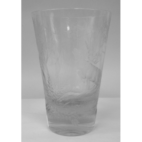 4 - A 19thC Continental glass vase of tapered cylindrical form, engraved with a woodland scene and a lea... 