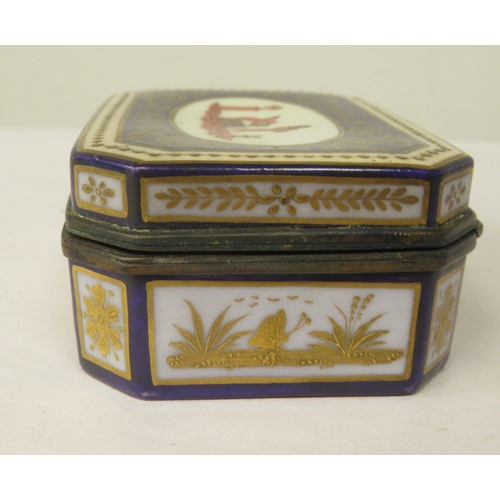 44 - A 19thC Vienna porcelain trinket box of elongated, octagonal form, having a gilt metal collar and hi... 