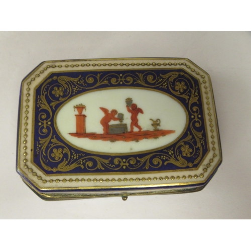 44 - A 19thC Vienna porcelain trinket box of elongated, octagonal form, having a gilt metal collar and hi... 