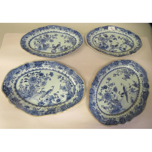 5 - Two identical pairs of late 18thC Chinese porcelain, oval wavy edged dishes, decorated in blue and w... 