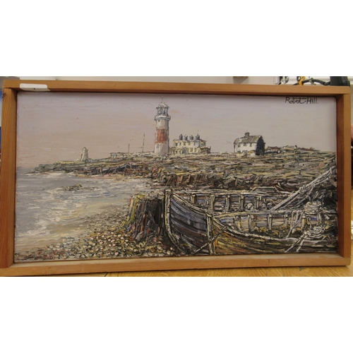 7 - Robert Hill - 'Portland Lighthouse, Dorset'  oil on canvas  bears a signature & label verso  10