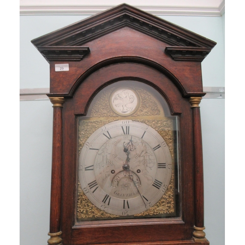 191 - A mid/late 18thC oak longcase clock, the hood having a pointed arch pediment, round arch window and ... 