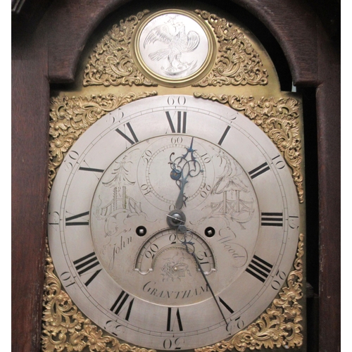 191 - A mid/late 18thC oak longcase clock, the hood having a pointed arch pediment, round arch window and ... 