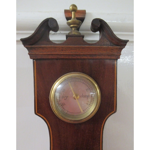 1 - An early 19thC satinwood inlaid mahogany cased wheel barometer with a thermometer and a silvered Rom... 