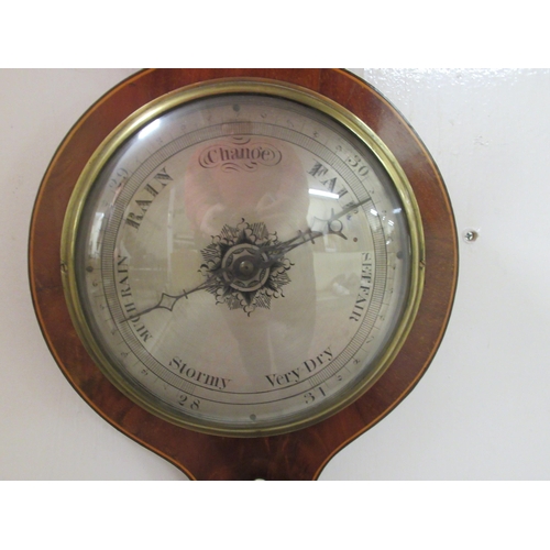 1 - An early 19thC satinwood inlaid mahogany cased wheel barometer with a thermometer and a silvered Rom... 