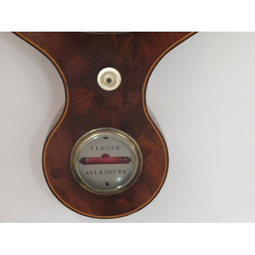 1 - An early 19thC satinwood inlaid mahogany cased wheel barometer with a thermometer and a silvered Rom... 