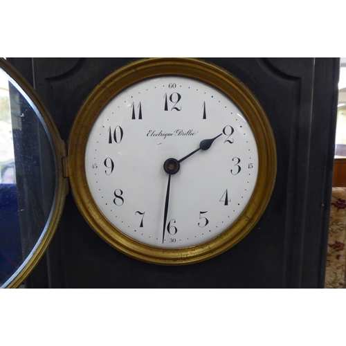 118 - A late Victorian Bulle black slate cased mantel clock; faced by an enamelled dial  15.5