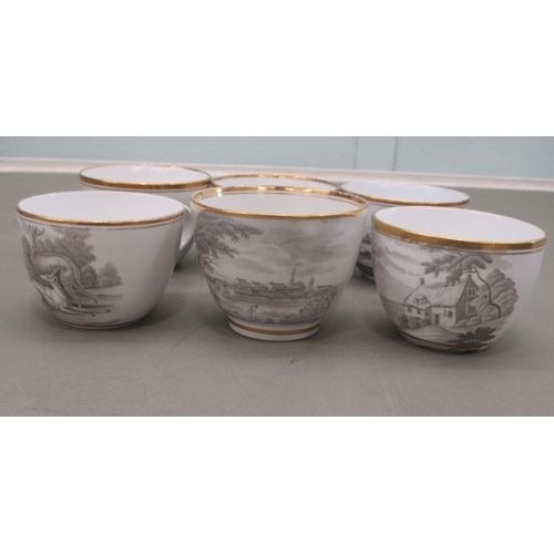 130 - Decorative ceramics: to include eight similar 18thC porcelain tea cups, variously gilded and bat pri... 