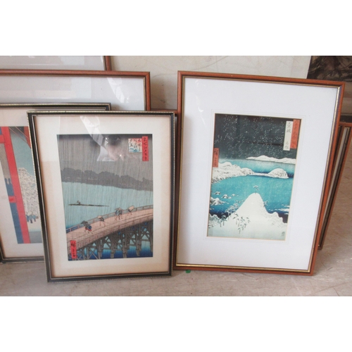 139 - Thirteen Japanese landscape themed prints  mixed sizes  framed