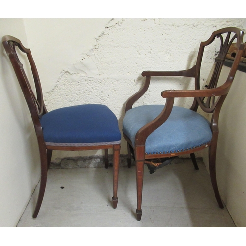 160 - An Edwardian Sheraton style carved and inlaid mahogany framed dining chair with a pierced, shield sh... 