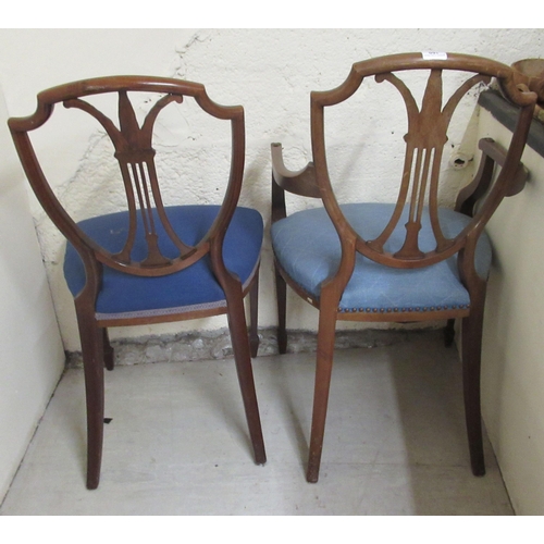 160 - An Edwardian Sheraton style carved and inlaid mahogany framed dining chair with a pierced, shield sh... 