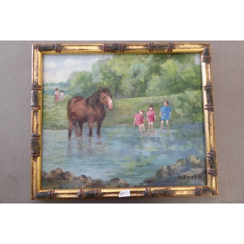 163 - Pictures: to include a study of children and a horse  oil on board  9