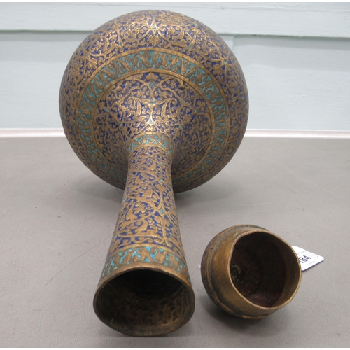 184 - A 20thC Middle Eastern enamelled and brass vase with a tall neck and bulbous body, on a pedestal foo... 