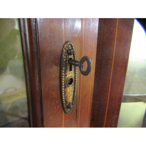 19 - An Edwardian satinwood inlaid mahogany display cabinet with a central bow front panel, flanked by tw... 