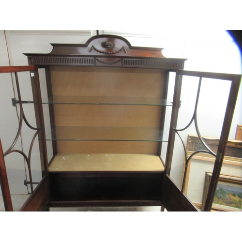 20 - An Edwardian mahogany display cabinet with a carved upstand, over two astragal glazed doors, raised ... 