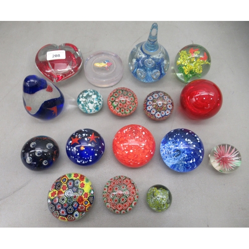 208 - Glass paperweights: to include millefiori designs  mixed sizes