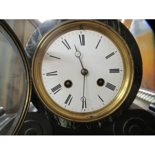 265 - A late Victorian slate cased mantel clock; faced by a Roman dial, on a plinth  11