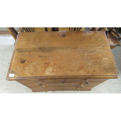 304 - A late 19thC stained pine, four drawer dressing chest, raised on bracket feet  32