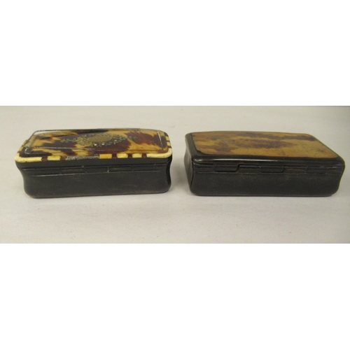 319 - Two similar late 19thC carved bone snuff boxes, one with inlaid, bi-coloured metal and mother-of-pea... 