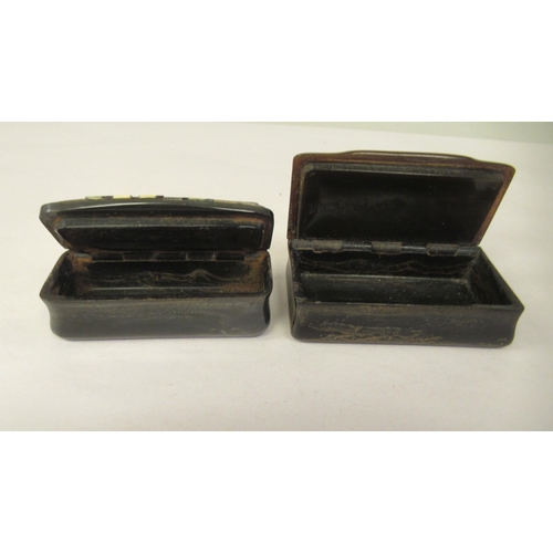 319 - Two similar late 19thC carved bone snuff boxes, one with inlaid, bi-coloured metal and mother-of-pea... 