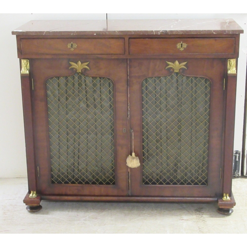 328 - A late Regency mahogany chiffonier with gilded highlights, the mottled iron red marble top over two ... 