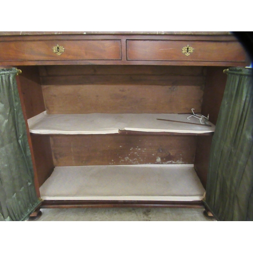 328 - A late Regency mahogany chiffonier with gilded highlights, the mottled iron red marble top over two ... 