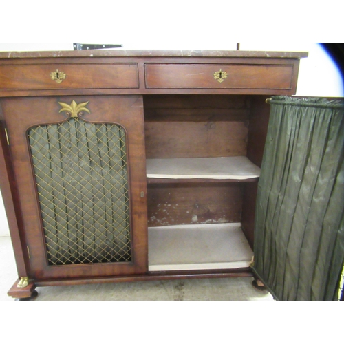 328 - A late Regency mahogany chiffonier with gilded highlights, the mottled iron red marble top over two ... 