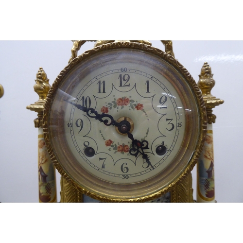 49 - A modern reproduction of a 19thC brass cased, three piece clock garniture; faced by a Roman dial  14... 