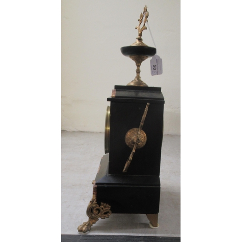 50 - An early 20thC marble and black slate cased mantel clock, on lion paw feet; faced by an Arabic dial ... 