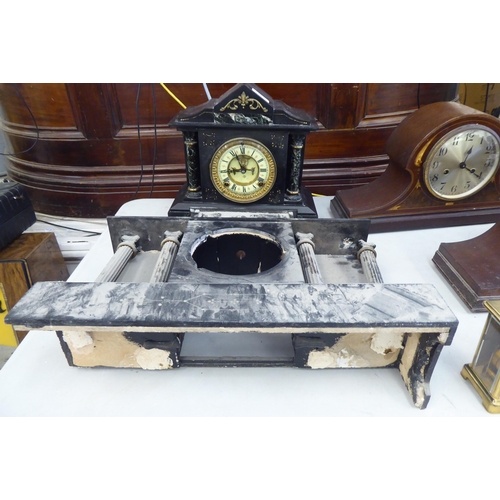 192 - 20thC clocks and loose components: to include a slate and marble cased mantel clock of architectural... 