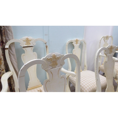 189 - A set of six early 20thC Queen Anne style, off white painted dining chairs  comprising four standard... 