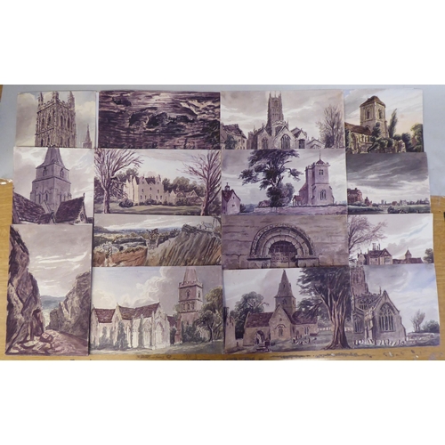 204 - Eighteen works, mainly watercolours in the manner of William Gage - Church views and similar landsca... 