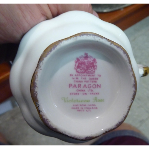 308 - Paragon china Victorian Rose pattern teaware  comprising six cups and saucers, a teapot, sugar ... 