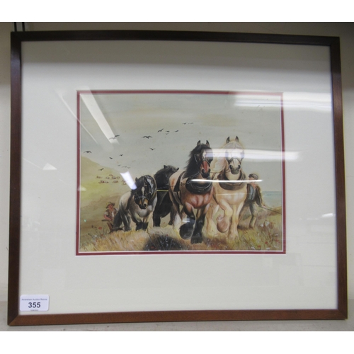 355 - E Gunn - a team of four draft horses working in a landscape  watercolour  bears a signature & da... 