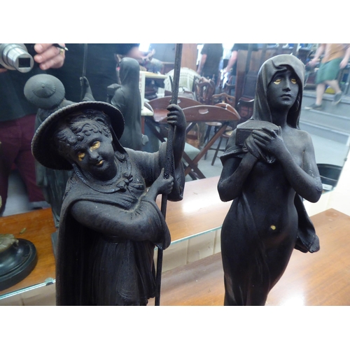 357 - Two black painted cast metal figures, a cloaked nude and a shepherd  14