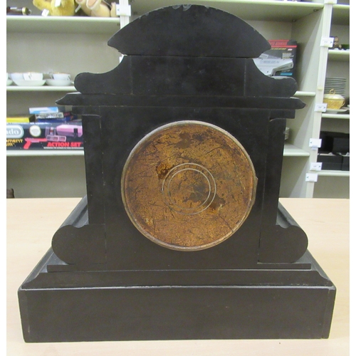 387 - A late Victorian black slate cased mantel clock; the movement faced by a Roman dial  13