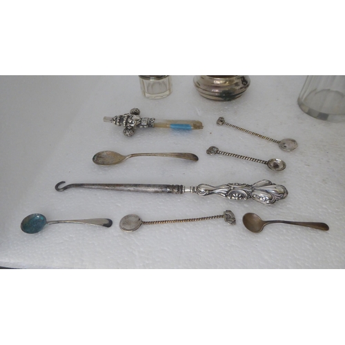 396 - Silver and silver coloured metal items: to include a cut glass caster with a threaded cap; a babies ... 