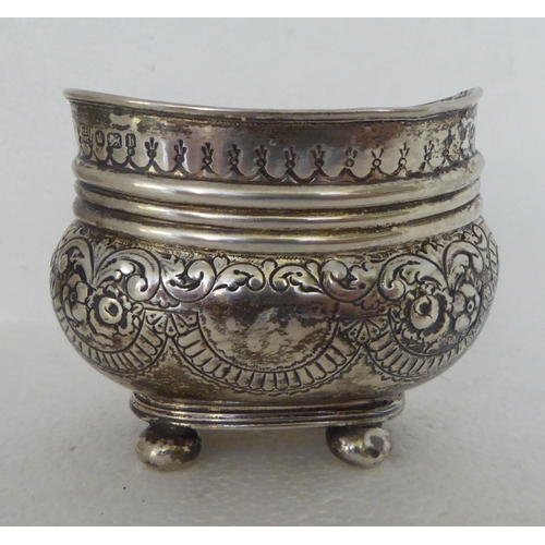 408 - 19thC silver teaware, viz. an embossed oval sugar basin; and a panelled example with twin handles, o... 