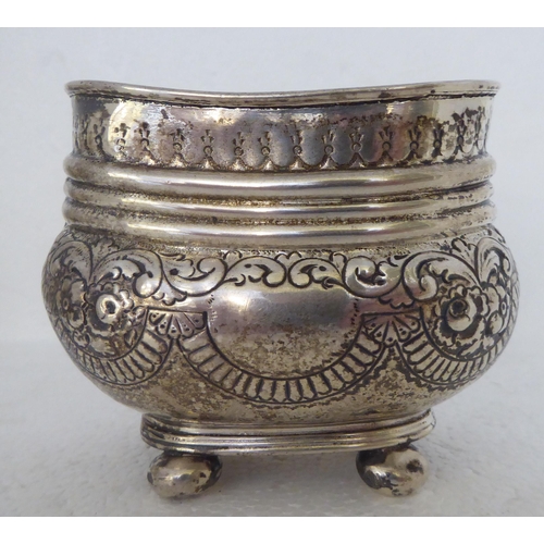 408 - 19thC silver teaware, viz. an embossed oval sugar basin; and a panelled example with twin handles, o... 