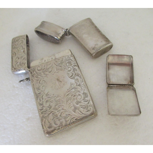 59 - A Sterling silver stamp box with a hinged lid; a 19thC bright-cut engraved silver card case; and a c... 