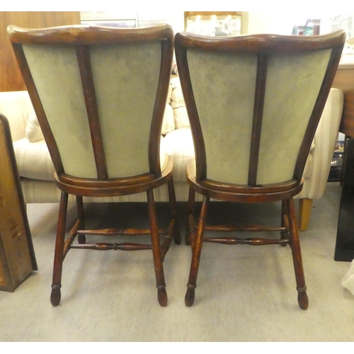 416 - A pair of early 20thC beech framed, waisted balloon back side chairs, upholstered in braided, sage g... 