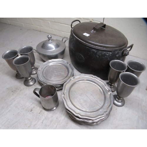 112 - Pewter and other metal items: to include a twin handled cooking pot  17