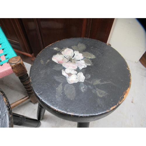 126 - Small furniture: to include two similar early 20thC painted pine milking stools 