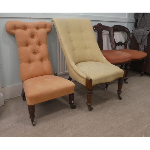 14 - Four late Victorian/Edwardian chairs: to include a nursing chair, later upholstered in patterned fab... 