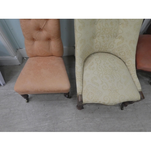 14 - Four late Victorian/Edwardian chairs: to include a nursing chair, later upholstered in patterned fab... 