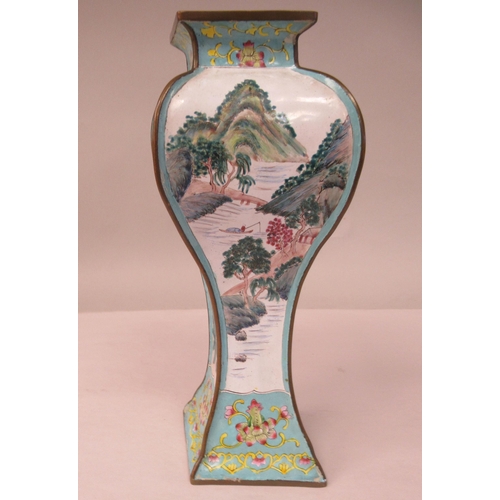 30 - A 20thC Chinese enamelled brass vase of waisted, diamond outlined form, decorated panels with landsc... 